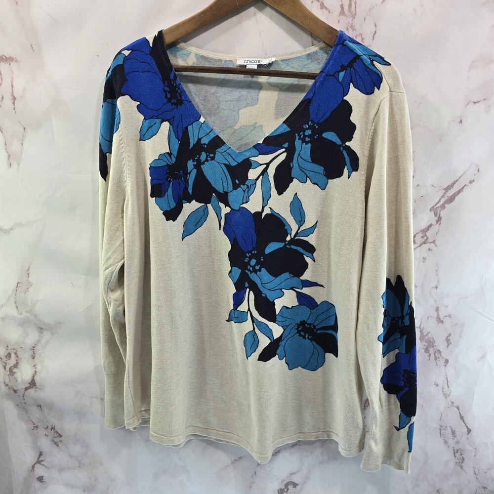 Chicos Sweater Women XL 3 Blue Cream Floral Intarsia Pullover V Neck Lightweight